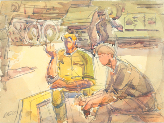 Неизвестный художник. На отдыхе около техники